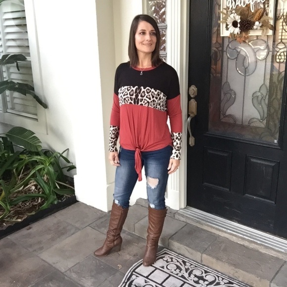 ❤️‍🔥Color Block Leopard Round Neck Long Sleeve Self Tie 0619 - Picture 5 of 10